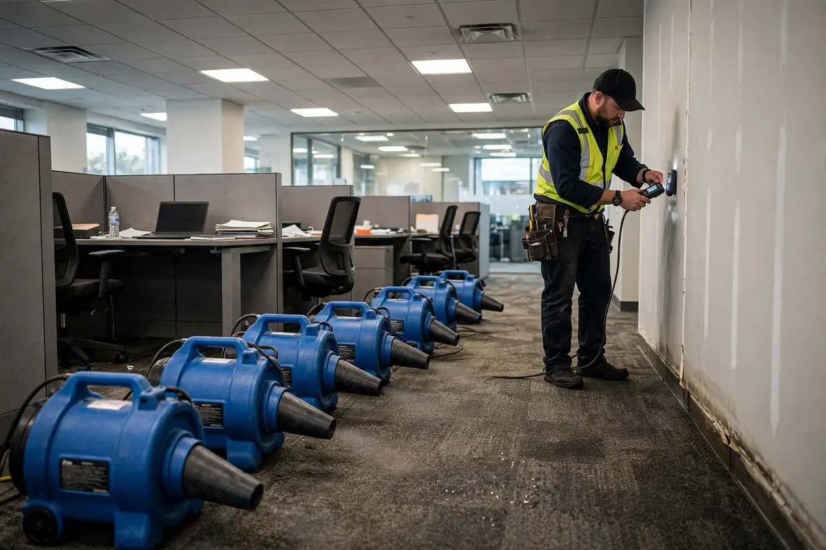 Commercial water damage restoration Nashville: air movers and dehumidifiers drying a flooded Nashville office after hours