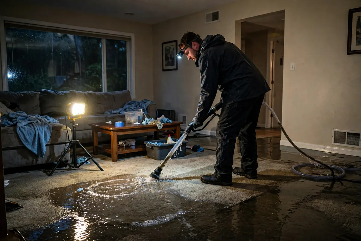 Emergency water damage restoration Nashville: a technician extracting standing water from a Nashville home at night after a burst pipe