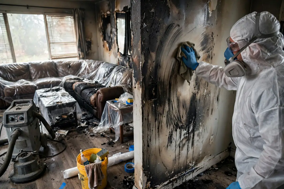Fire damage restoration Nashville: a fire-damaged Nashville home with boarded windows, smoke staining and restoration equipment at the front door