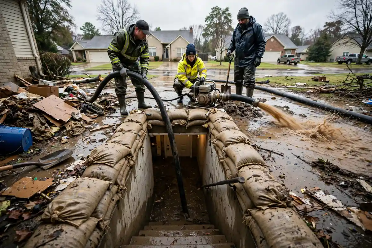 Flood cleanup Nashville: a pump removing standing water from a Nashville home near the Cumberland River after a flood