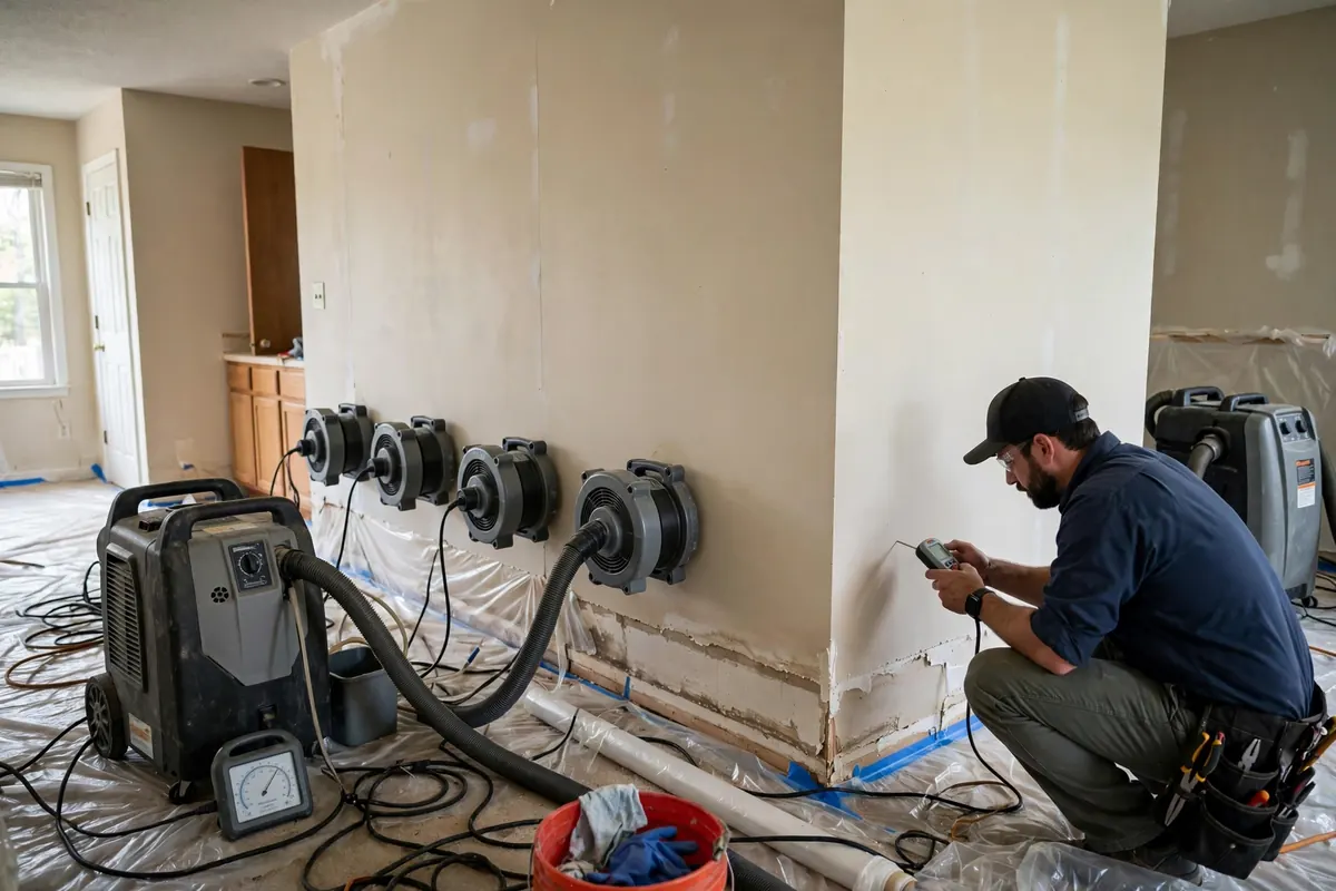 Structural drying Nashville: air movers and a dehumidifier drying the hardwood floor and walls of a Nashville home after water damage