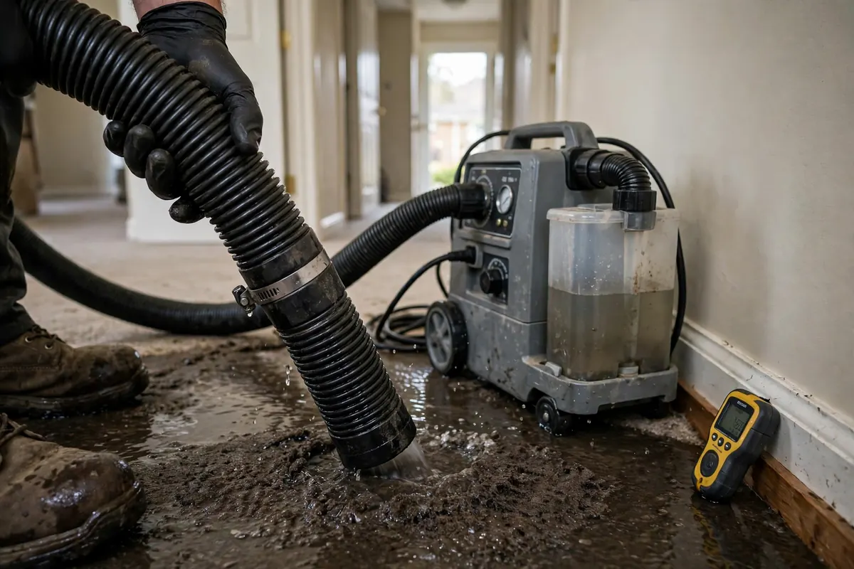 Water extraction Nashville: a technician using a weighted extraction wand on a flooded carpet in a Nashville home