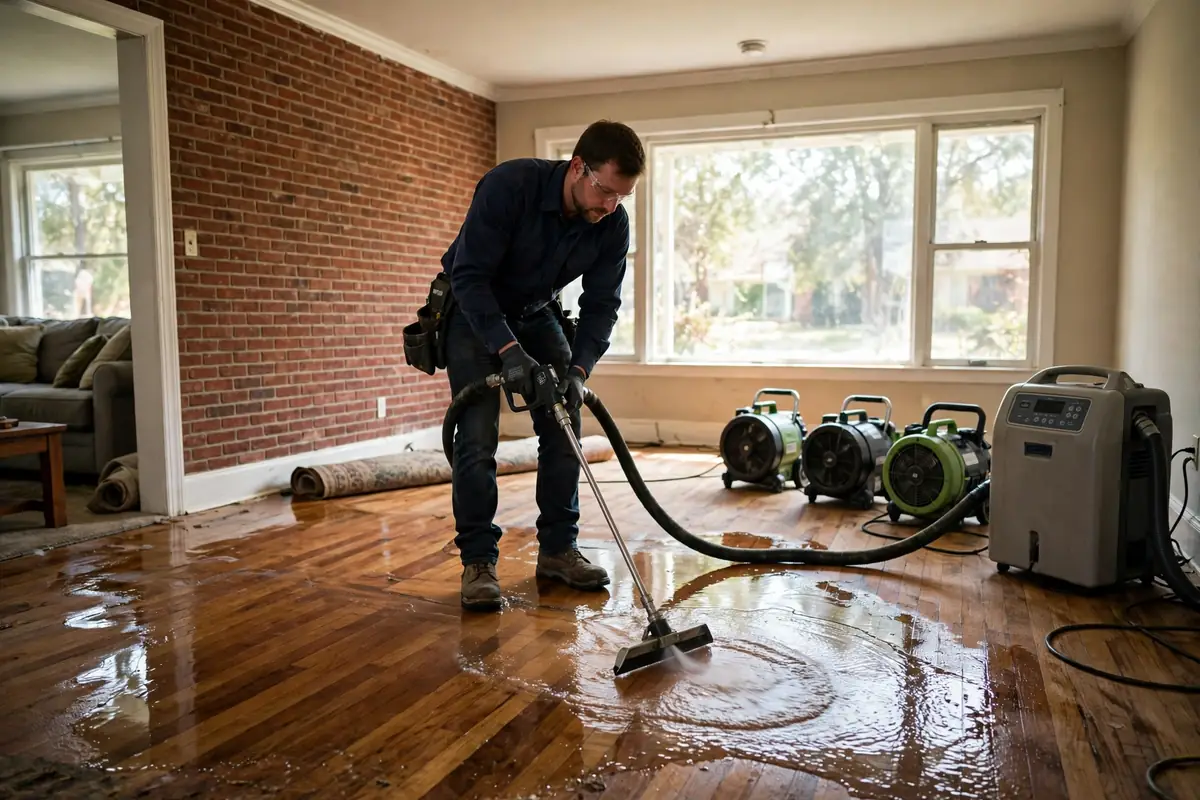 Water damage restoration Nashville: a technician extracting standing water from a flooded hardwood floor in a Nashville home, with air movers and a dehumidifier running