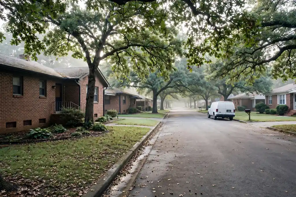 A Nashville, Tennessee residential street of brick ranch homes in the water damage restoration service area